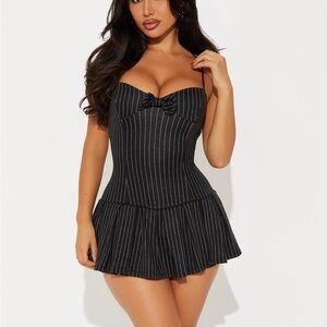 Black Pinstripe Dress with Bow Detail
